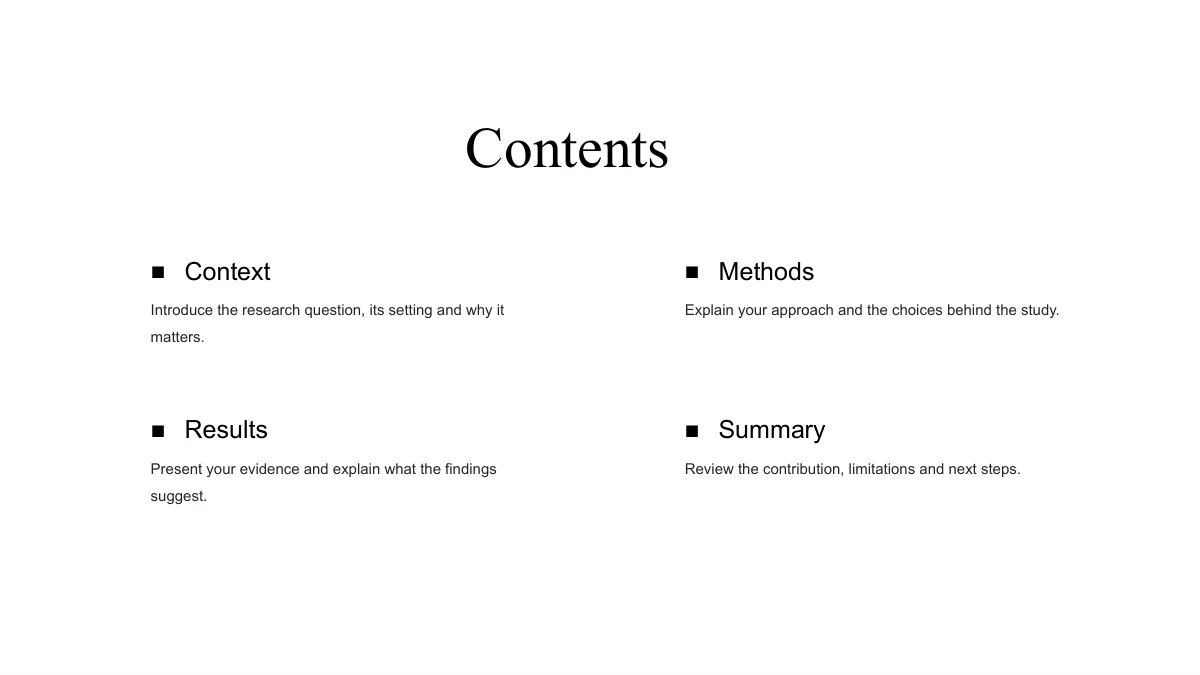 Slide 2: Contents introduces Context, Methods, Results and Summary in a two-by-two arrangement, each with a square bullet and a short explanation.