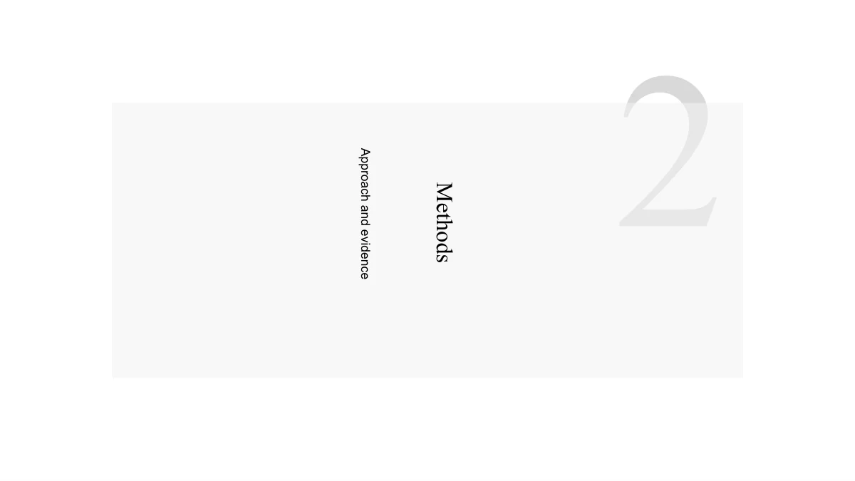 Slide 8: A large faded numeral 2 accompanies the vertical Methods heading and Approach and evidence within a pale gray chapter panel.