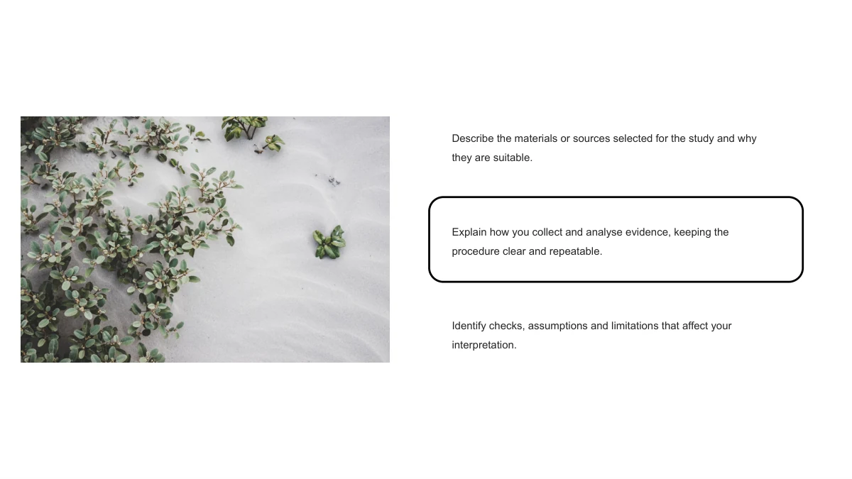Slide 9: A green-leaf photograph occupies the left side. Three text areas on the right discuss sources, procedure and checks, with the middle note inside a rounded outline.