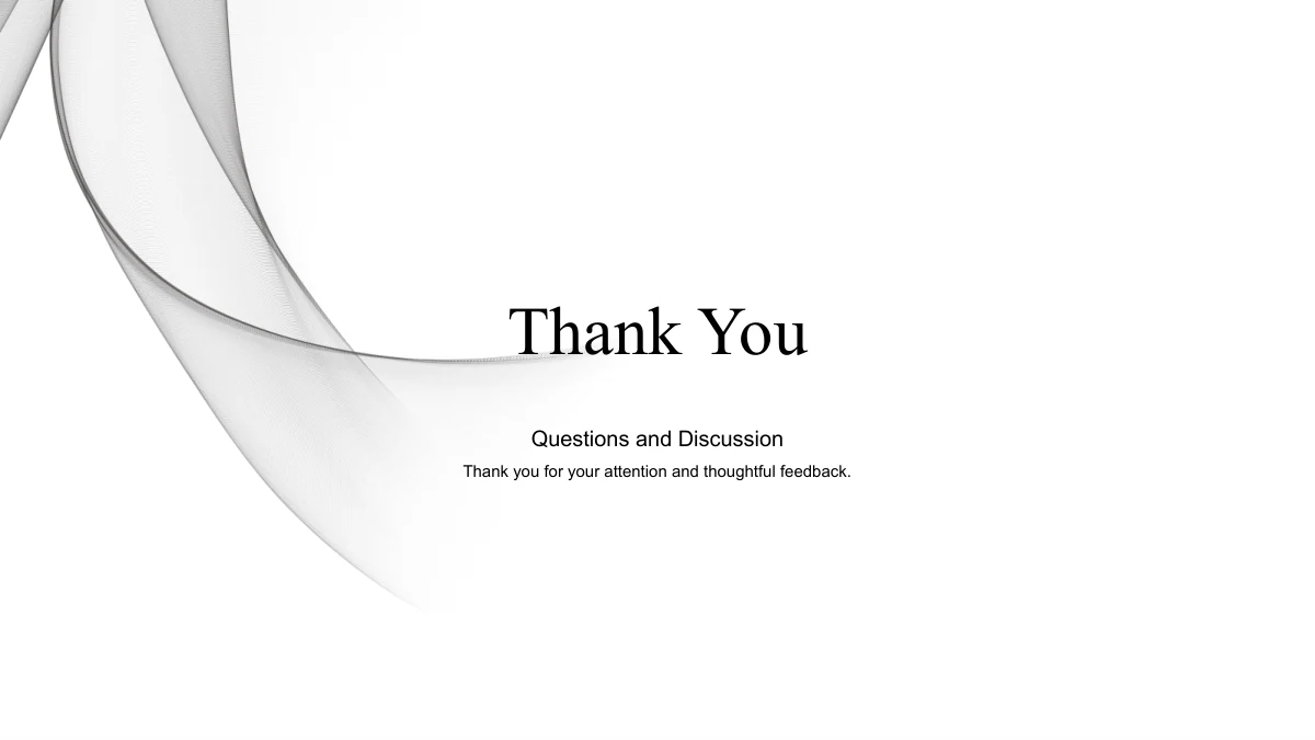 Slide 15: Thank You and Questions and Discussion close the deck, with a short acknowledgement line and the pale ribbon motif repeated at the upper left.