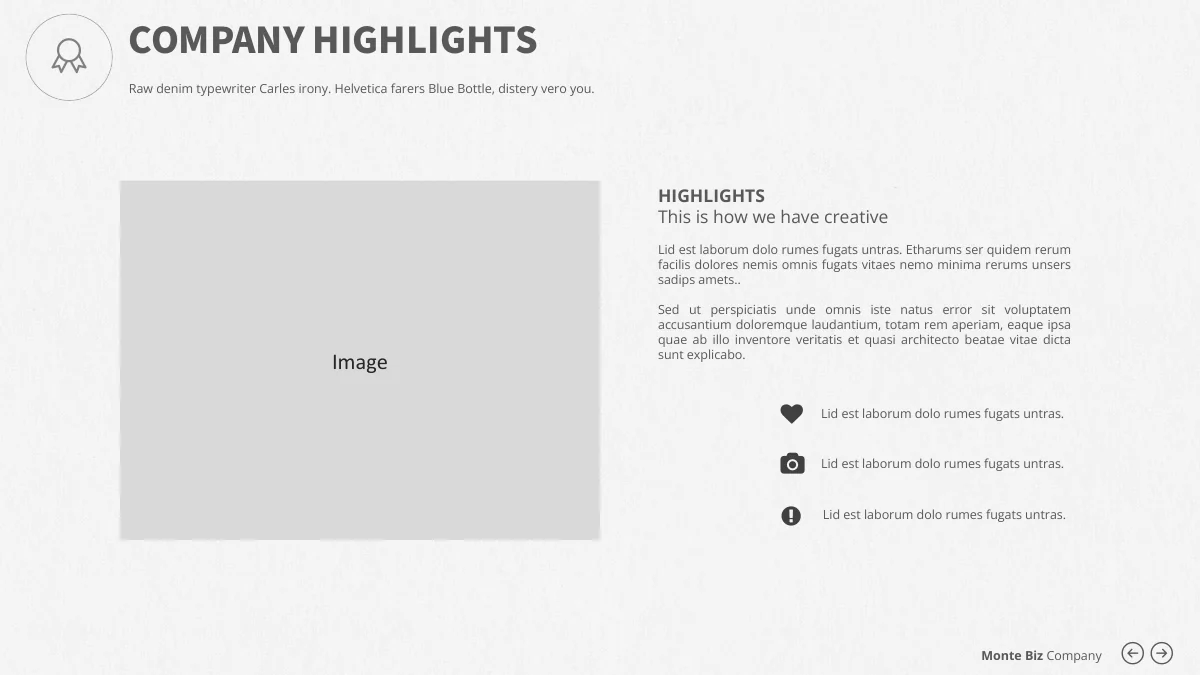 Monte Biz — Espaço grande para imagem ao lado de texto e três pequenos blocos com pictogramas.