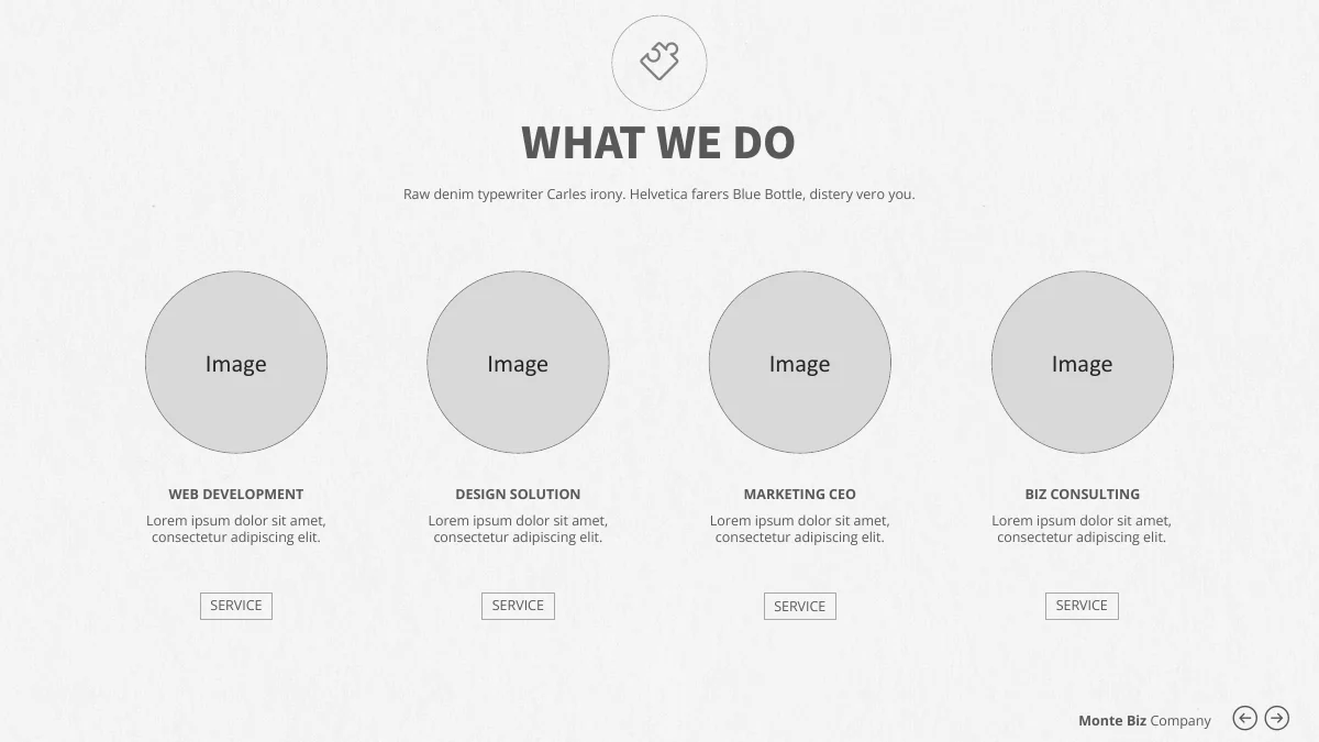 Monte Biz — Quatro espaços circulares para imagens de serviços, com etiquetas e caixas abaixo de um título centralizado.
