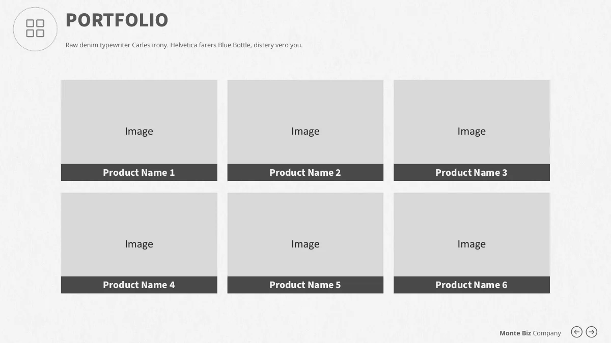 Monte Biz — Seis espaços para imagens em três colunas, cada um com uma faixa escura para o nome do produto.