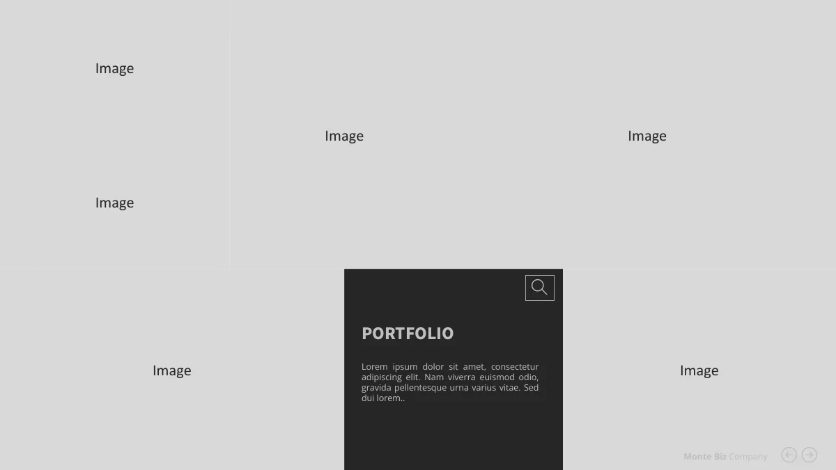 Monte Biz — Colagem de página inteira com seis espaços para imagens e um painel escuro de texto.