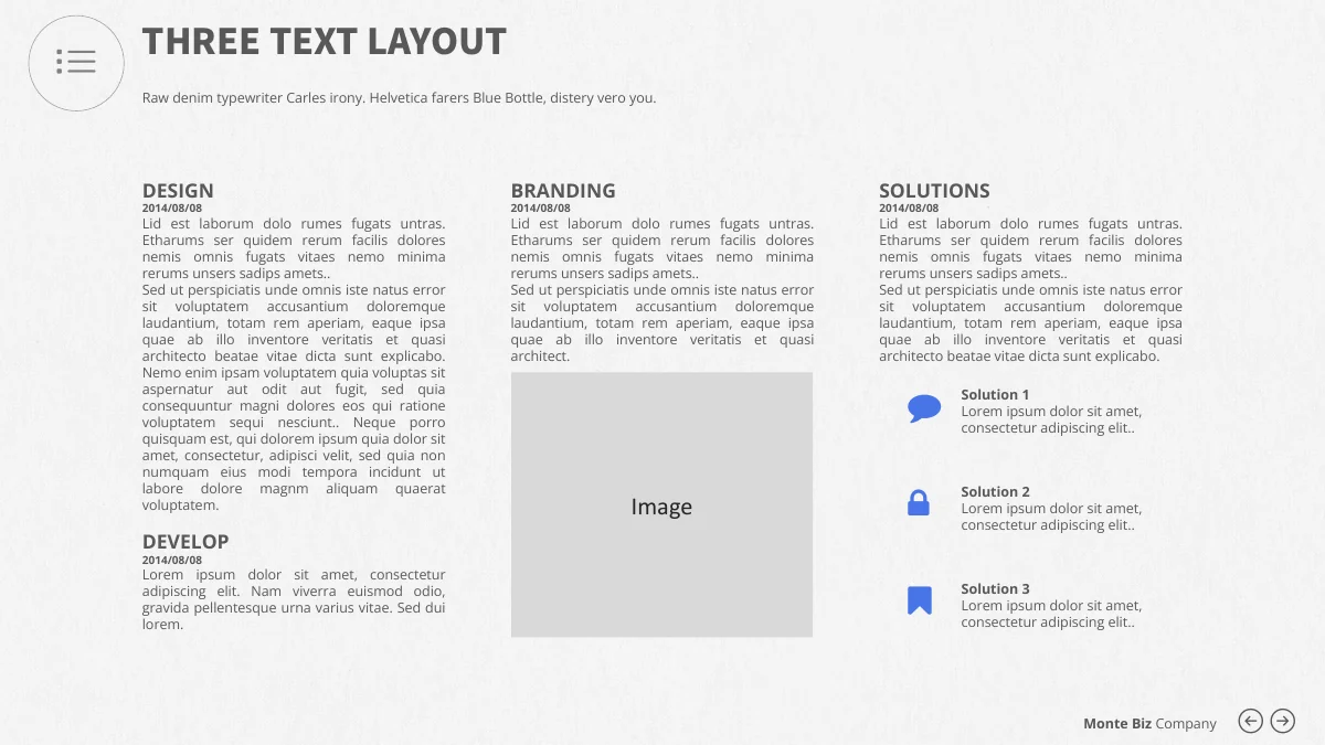 Monte Biz — Três colunas com datas de exemplo, espaço central para imagem e três pictogramas de soluções.