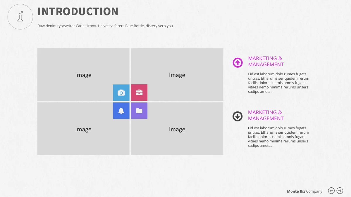 Monte Biz — Quatro espaços para imagens, grade central de pictogramas coloridos e dois blocos de texto à direita.