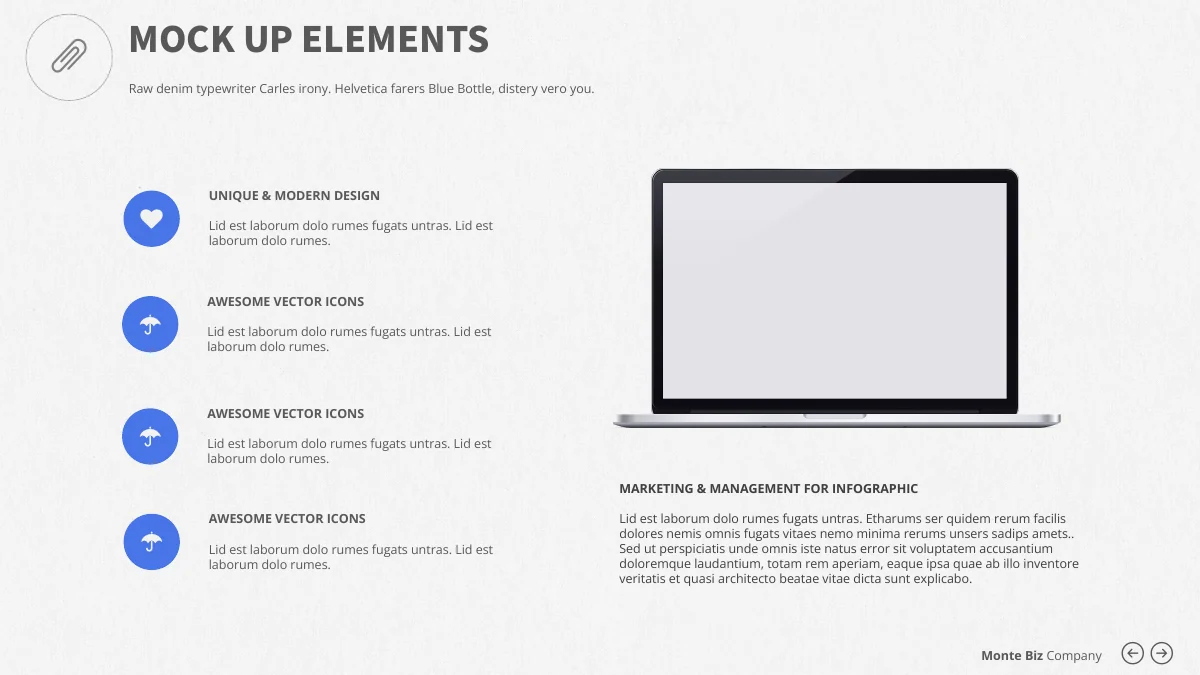 Monte Biz — Ilustração de notebook com quatro pictogramas circulares e um bloco de texto.