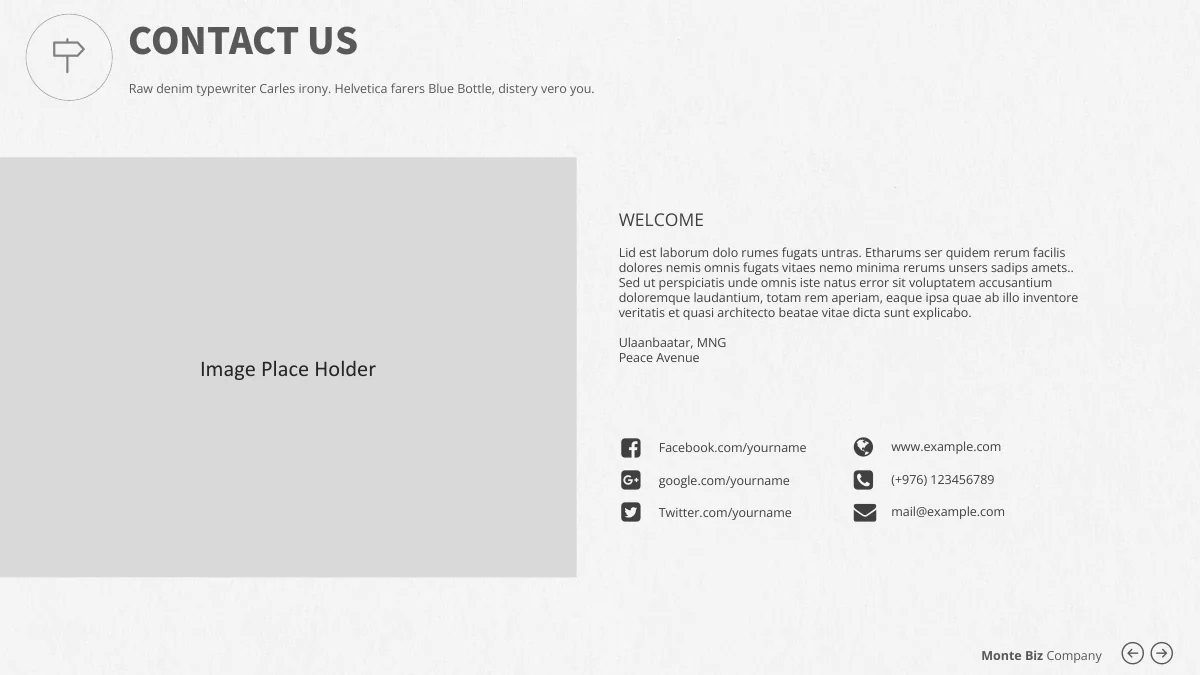 Monte Biz — Espaço para imagem, endereço de exemplo e campos para redes sociais, site e e-mail.