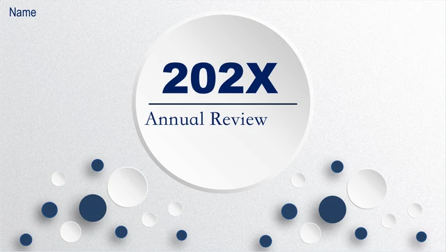 Navy Circle Annual Review Presentation Template: A raised pale year disc anchors the cover above the report title and thin underline. Navy and white circles spread across the lower part of the grey textured background.