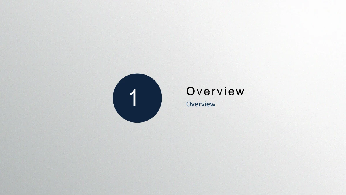 Navy Circle Annual Review Presentation Template: A large navy disc containing the chapter number 1 stands to the left of an annual-overview heading. A short vertical dotted line separates the number and title.