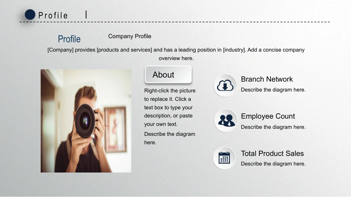 Navy Circle Annual Review Presentation Template: A photographer holding a camera fills the left picture area. Company notes occupy the centre, while three round icon callouts organise supporting information on the right.