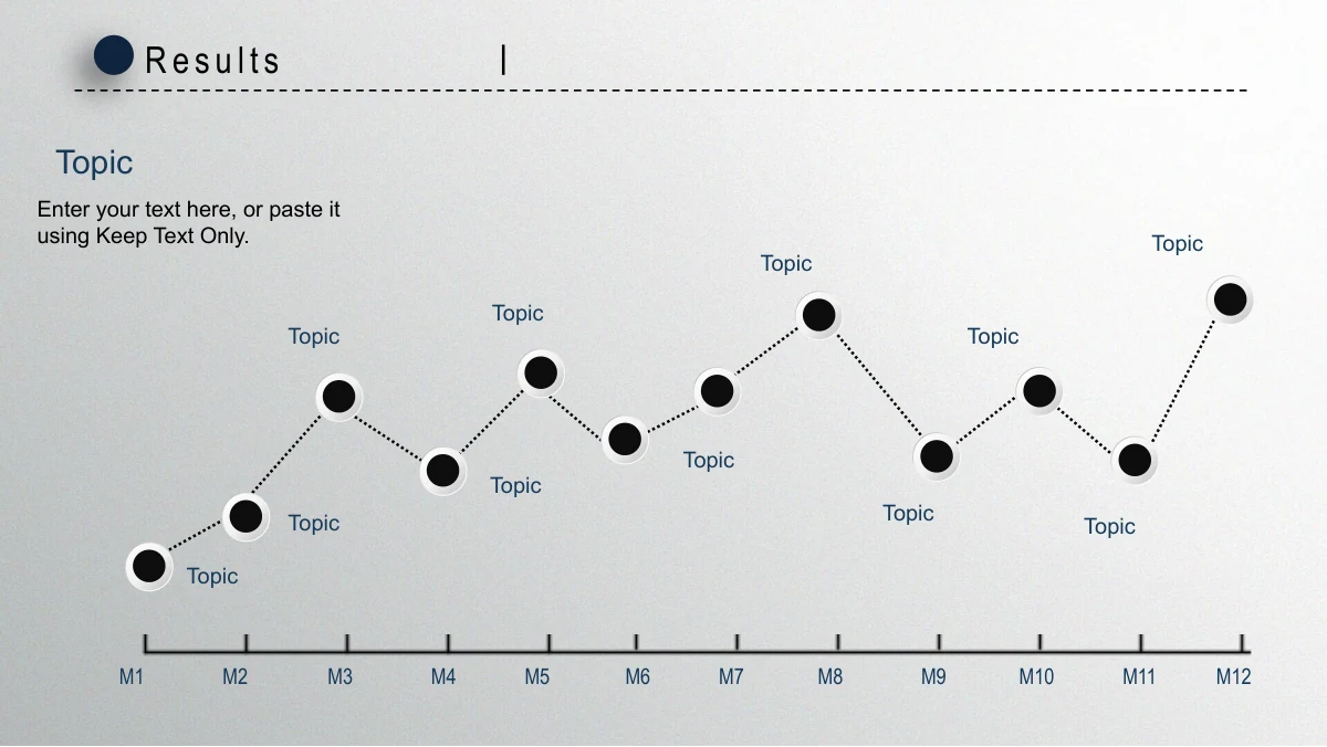 Navy Circle Annual Review Presentation Template: Twelve black points follow a zigzag dotted connector above a month scale. Small headings near the points and a text block at the upper left provide room for annual progress notes.