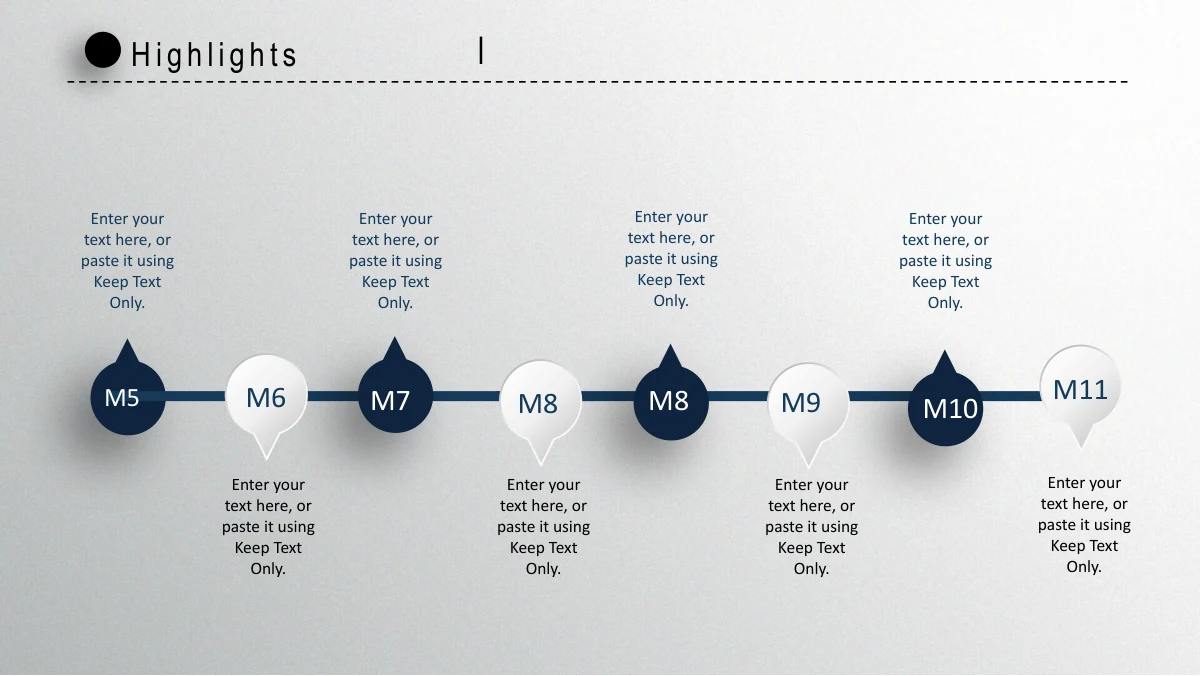 Navy Circle Annual Review Presentation Template: Eight navy and pale month circles stretch across a horizontal line, with notes alternating above and below. The source sample repeats the number 8 within its month sequence.