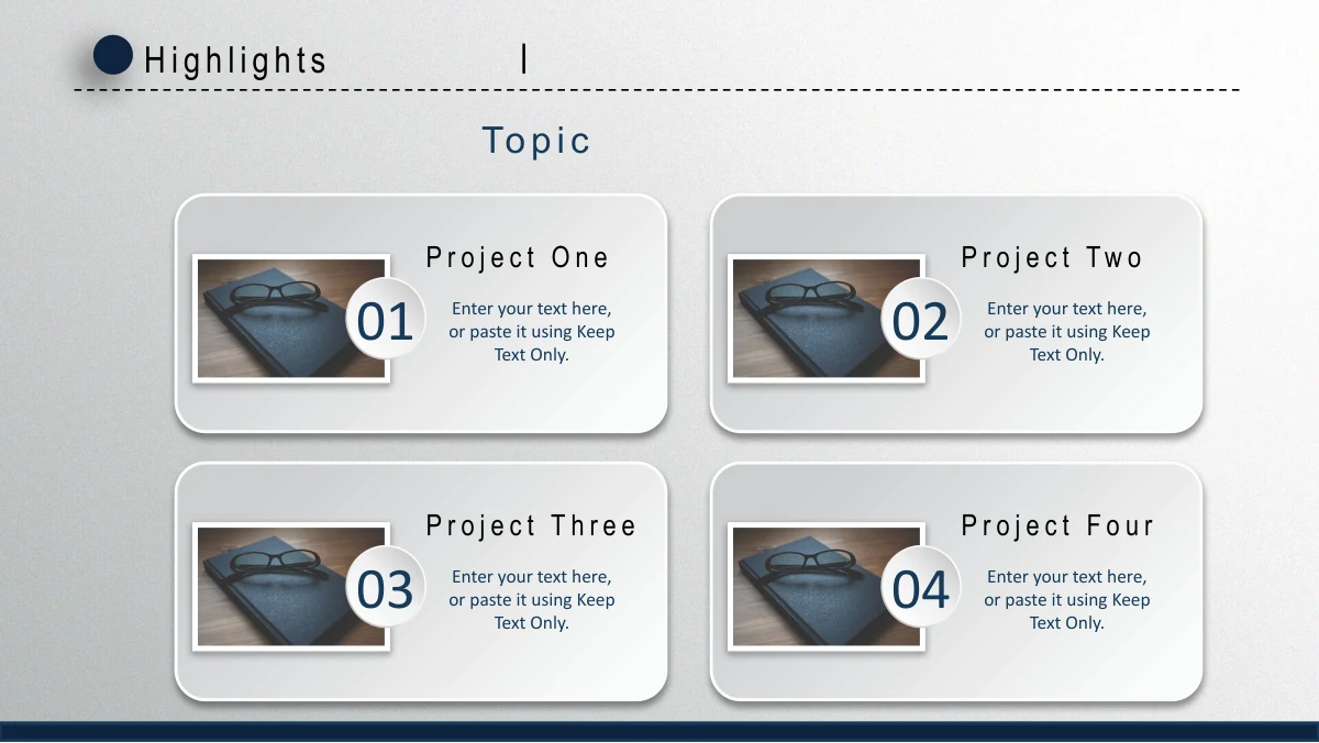 Navy Circle Annual Review Presentation Template: Four raised cards form a two-by-two grid. Each pairs a notebook-and-glasses photograph with a round number tab, a heading and short project notes.