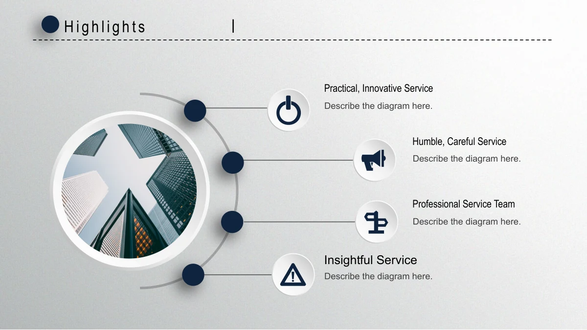 Navy Circle Annual Review Presentation Template: An upward-looking building photograph fills a large white-rimmed circle on the left. Four points along an arc connect to icon-led headings and explanatory text on the right.