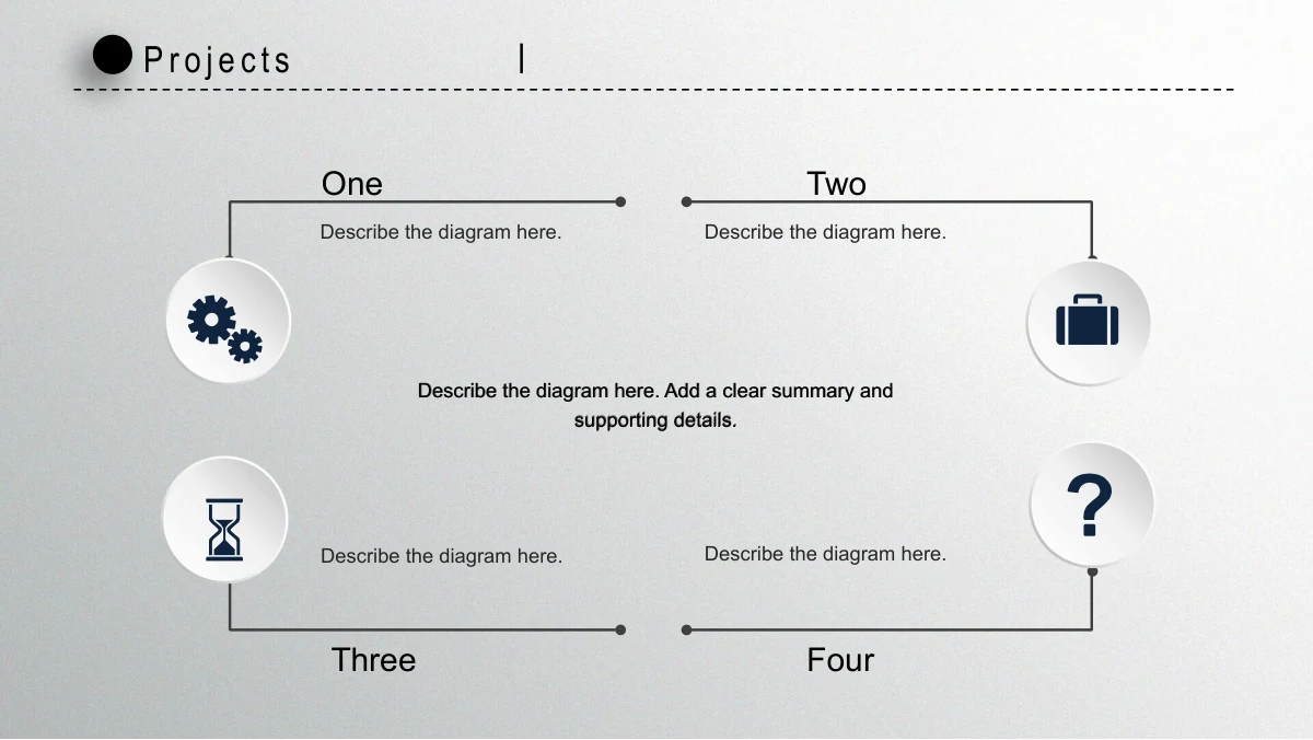 Navy Circle Annual Review Presentation Template: Four round icons sit around a rectangular arrangement of project notes. Right-angle connector lines link the icons and headings, framing a central summary paragraph.