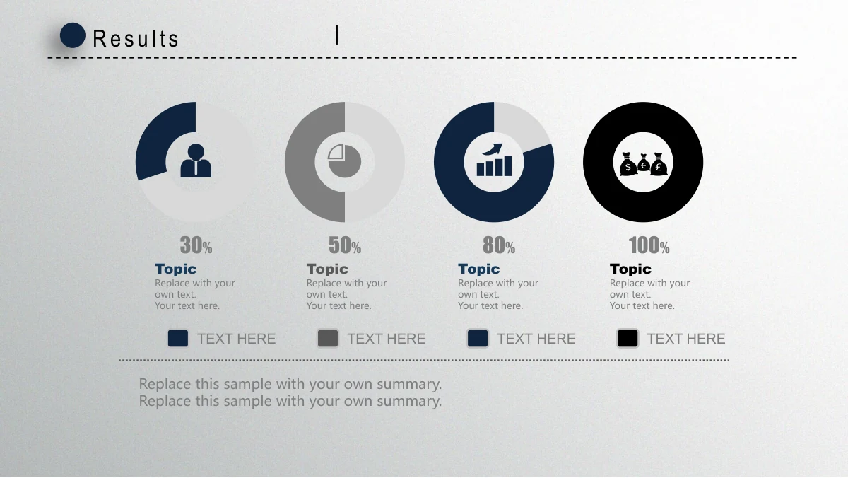 Navy Circle Annual Review Presentation Template: Four doughnut charts appear in a row with icons in their centres, colour-key legends and separate percentage labels below. The linked workbook values belong to four individual charts.