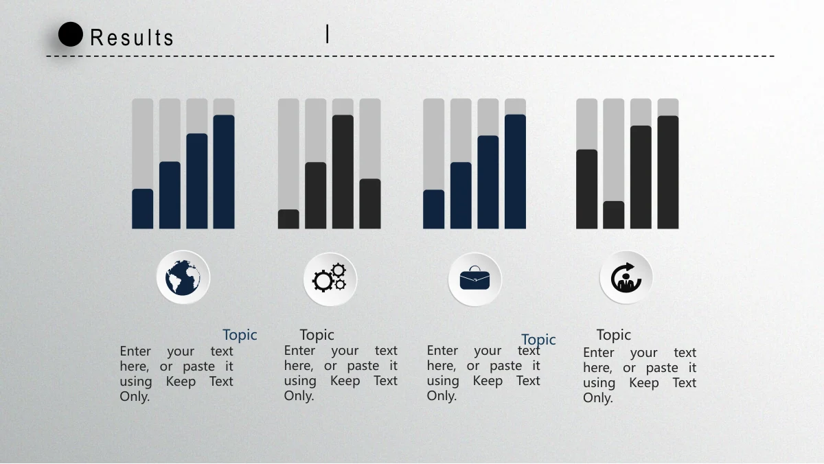 Navy Circle Annual Review Presentation Template: Four groups of manual vertical bars use pale backdrops and dark fills. Circular icons below introduce four short columns of headings and explanatory notes.