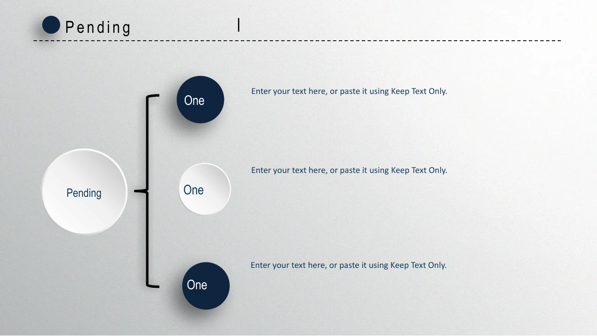 Navy Circle Annual Review Presentation Template: A large pale circle on the left introduces unfinished projects. A black brace groups three smaller circles, with a separate paragraph to the right of each item.