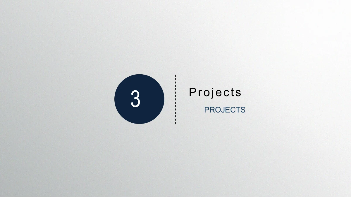 Navy Circle Annual Review Presentation Template: A navy number-3 disc marks the project-showcase chapter. A short dotted vertical rule divides the disc from the large heading on the right.