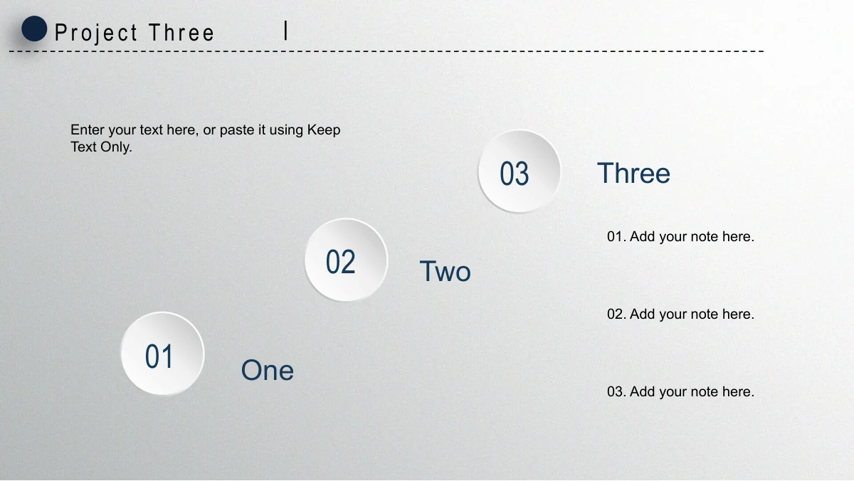 Navy Circle Annual Review Presentation Template: Three pale discs labelled 01, 02 and 03 rise diagonally from the lower left towards the upper centre. An introductory paragraph and three numbered text areas provide space for project explanations.
