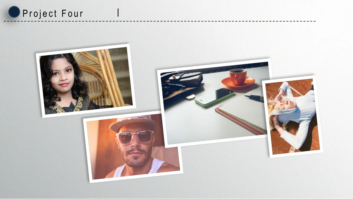 Navy Circle Annual Review Presentation Template: Four tilted white frames combine two portraits, a notebook-and-phone workspace and a reclining person. Different picture sizes create an informal project or team photo page.