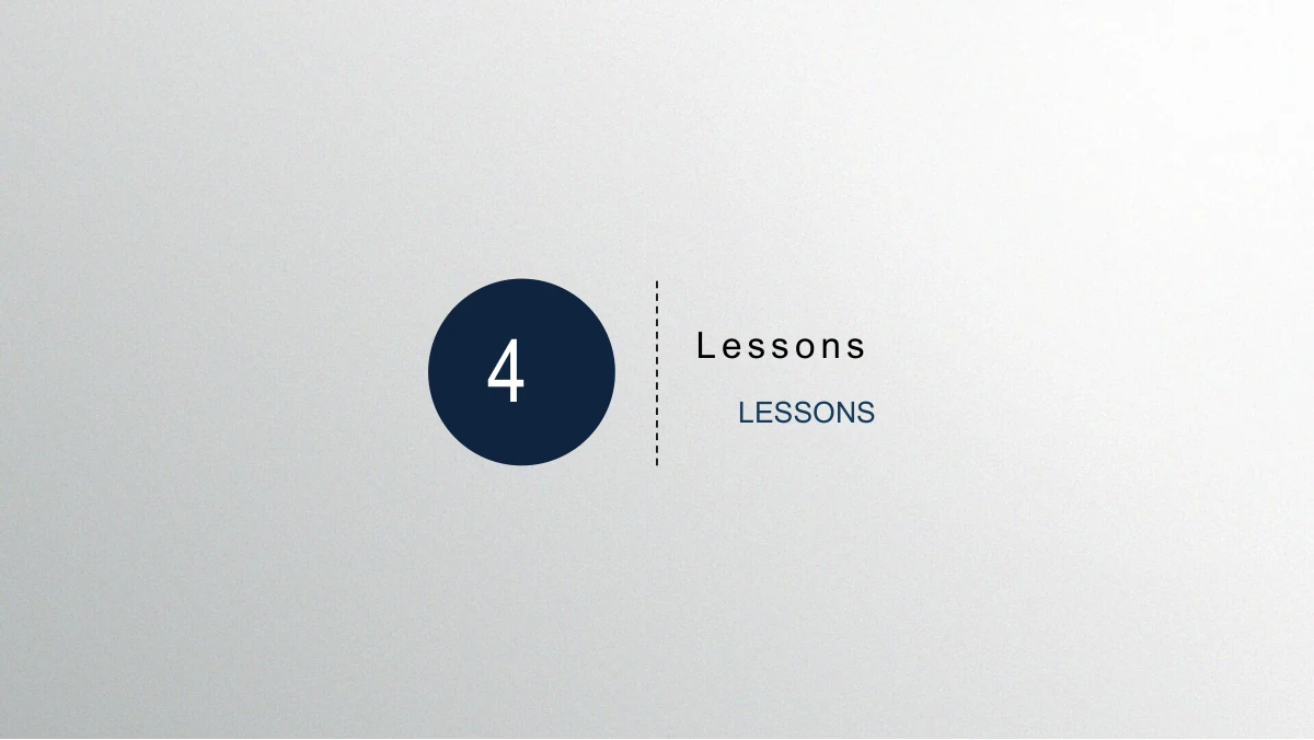 Navy Circle Annual Review Presentation Template: A navy number-4 disc introduces the lessons-and-shortcomings chapter. Its heading follows the same pale background and short dotted separator used by the other dividers.