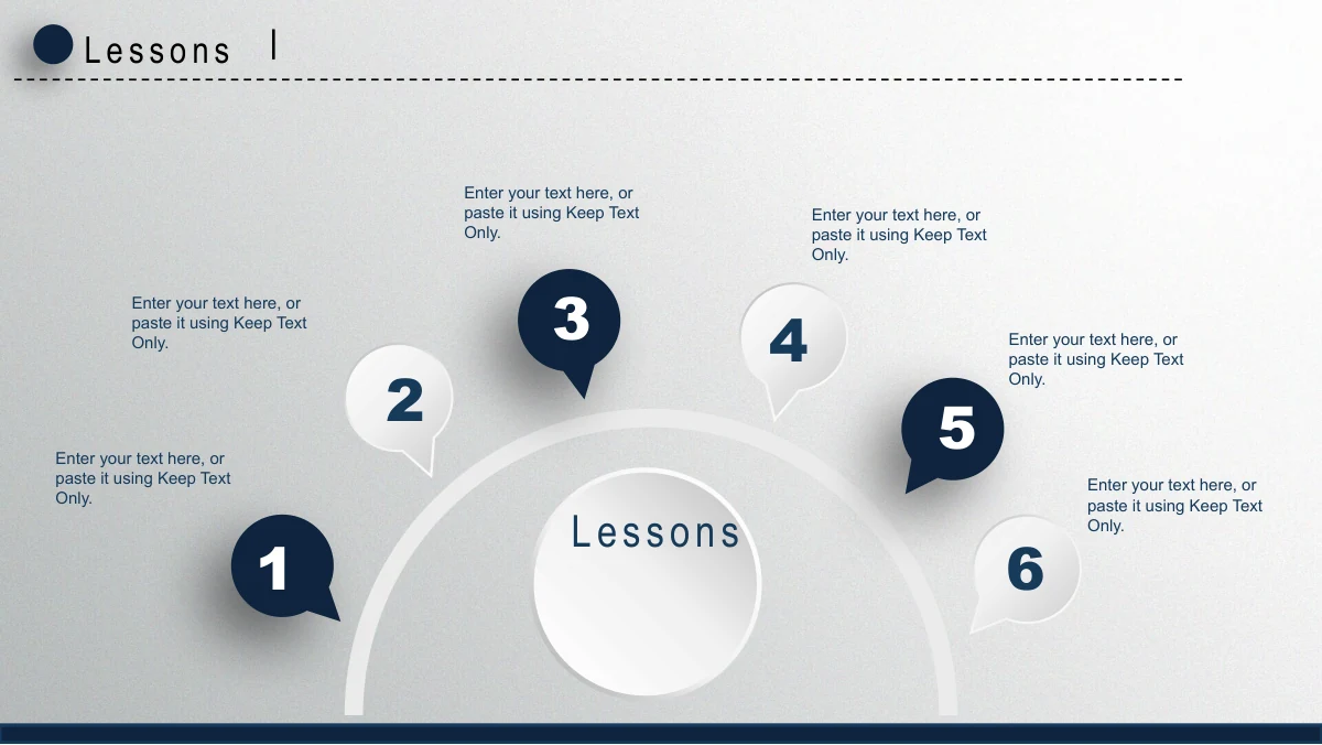 Navy Circle Annual Review Presentation Template: Six numbered speech-pin shapes alternate between navy and pale fills above a large central summary circle. Short notes sit around the half-circle arrangement.