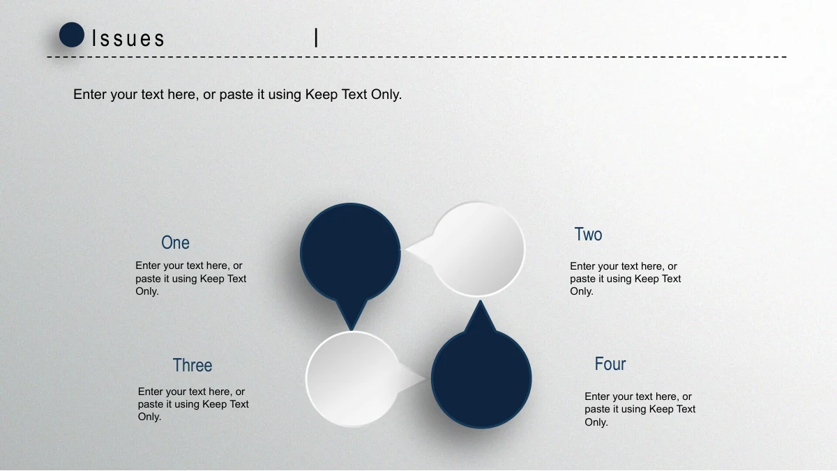Navy Circle Annual Review Presentation Template: Four large circular pin shapes alternate between navy and white within a compact central cluster. Four surrounding headings and note blocks explain issues beneath an introductory paragraph.
