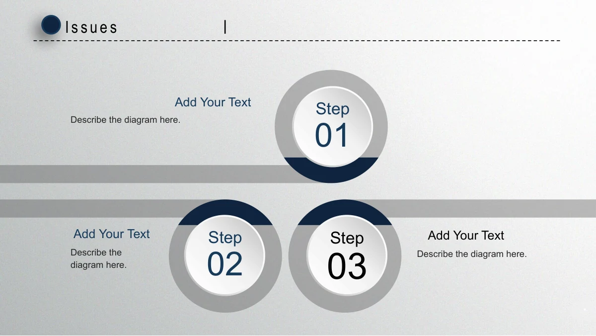 Navy Circle Annual Review Presentation Template: Three segmented circular graphics carry STEP 01, STEP 02 and STEP 03. One sits above a broad pale horizontal band and two below, with headings and notes on either side.