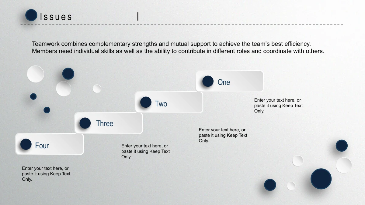 Navy Circle Annual Review Presentation Template: Four raised white keyword cards climb diagonally from left to right. Navy circular markers, short labels and a paragraph across the upper area organise improvement notes.