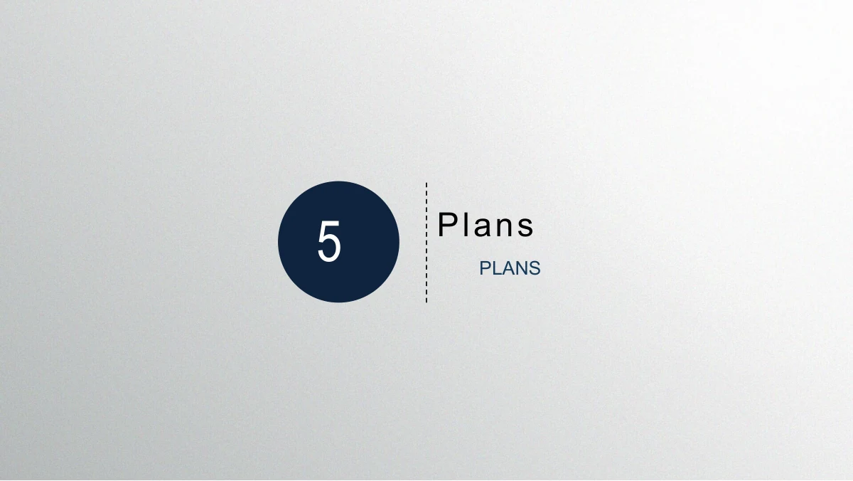 Navy Circle Annual Review Presentation Template: A navy number-5 disc introduces the next-year work plan. The heading and dotted vertical separator repeat the chapter-divider design.
