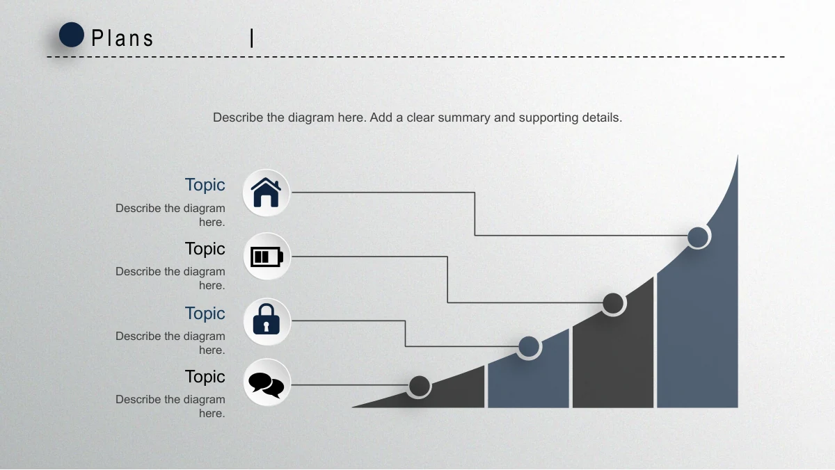 Navy Circle Annual Review Presentation Template: Four dark manual segments rise under a curved upper edge. Circular points and elbow connectors link them to four icon-led notes, while a summary paragraph spans the top.