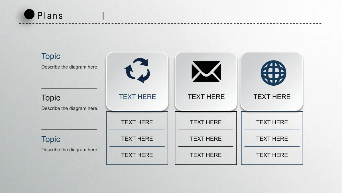 Navy Circle Annual Review Presentation Template: Three raised header cards display recycling, envelope and globe icons. A three-row table sits below each card, with row headings and supporting notes along the left.