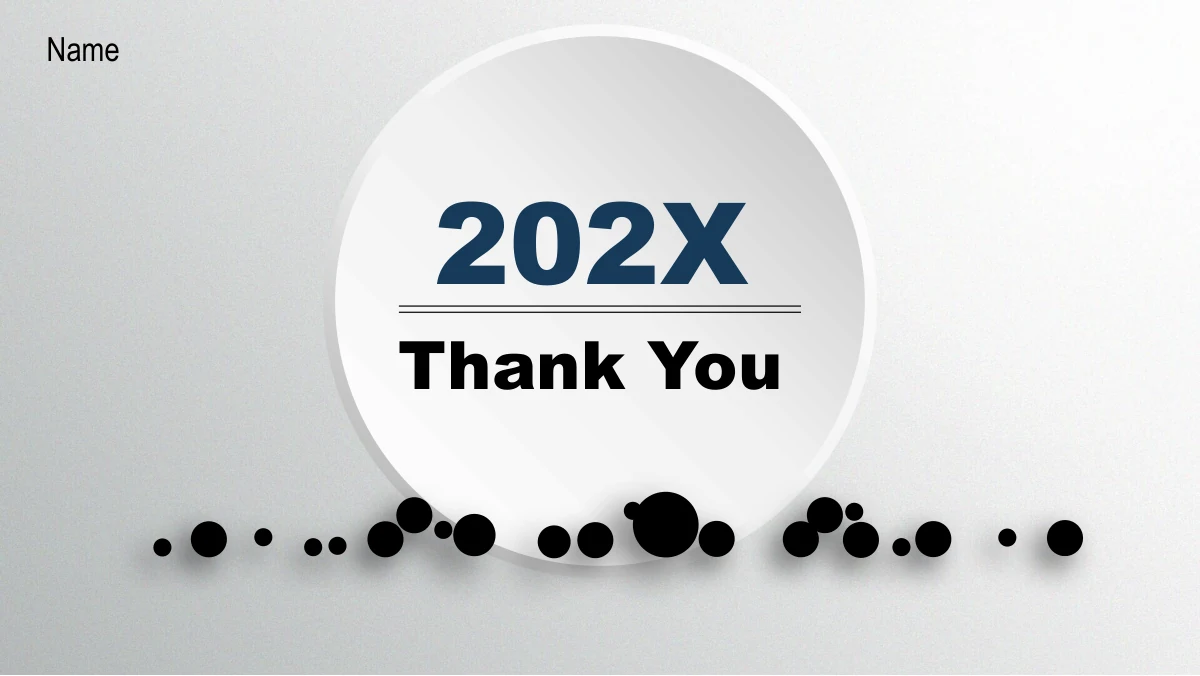 Navy Circle Annual Review Presentation Template: A large pale disc repeats the sample year and an underlined closing heading. A row of small raised dark circles echoes the opening cover against the textured grey background.