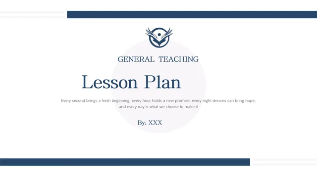 Navy Circle Teaching Presentation Template: A pale central circle sits between offset navy bars. A teaching emblem appears above the main title, with a short quote and presenter information below.