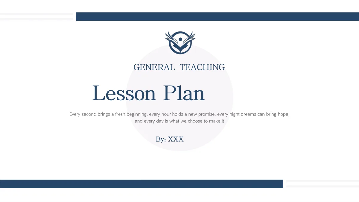 Navy Circle Teaching Presentation Template: A pale central circle sits between offset navy bars. A teaching emblem appears above the main title, with a short quote and presenter information below.