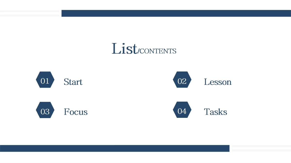 Navy Circle Teaching Presentation Template: Four navy hexagons numbered 01–04 introduce the chapter titles in two columns. The contents heading sits above them between the offset edge bars.