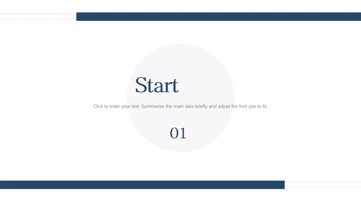 Navy Circle Teaching Presentation Template: A large chapter heading and short note sit over a pale central circle. The number 01 appears below, framed by navy bars near the top and bottom edges.