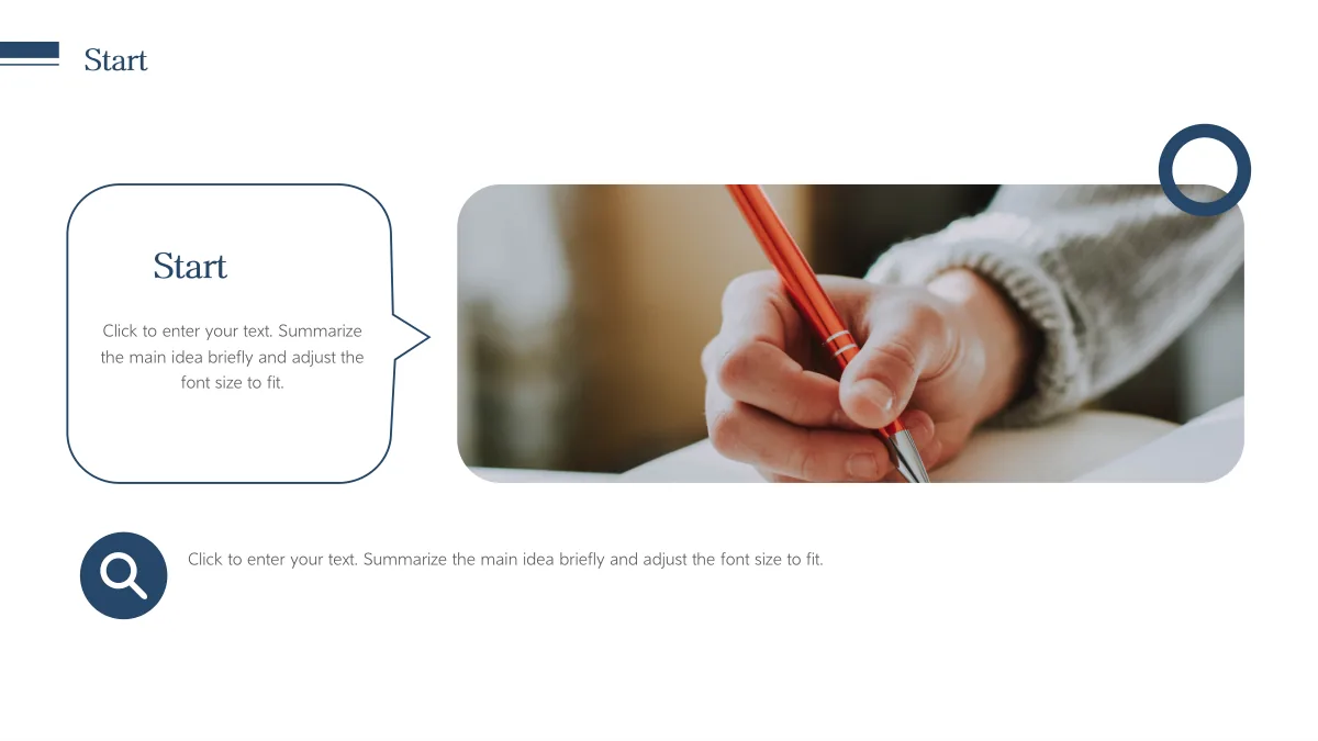 Navy Circle Teaching Presentation Template: A rounded photograph of a hand writing with a red pen fills the right side. An outlined speech bubble sits to the left, with a magnifier icon and paragraph below.