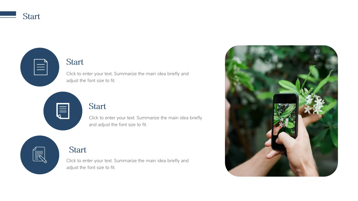 Navy Circle Teaching Presentation Template: Three offset navy circles contain document and editing icons beside short notes. A tall rounded photograph on the right shows a person photographing white flowers.