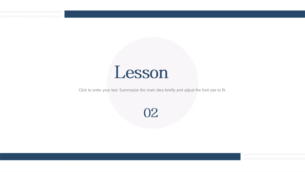 Navy Circle Teaching Presentation Template: The second divider repeats the pale central circle and offset navy bars. A chapter heading and note sit above the large number 02.