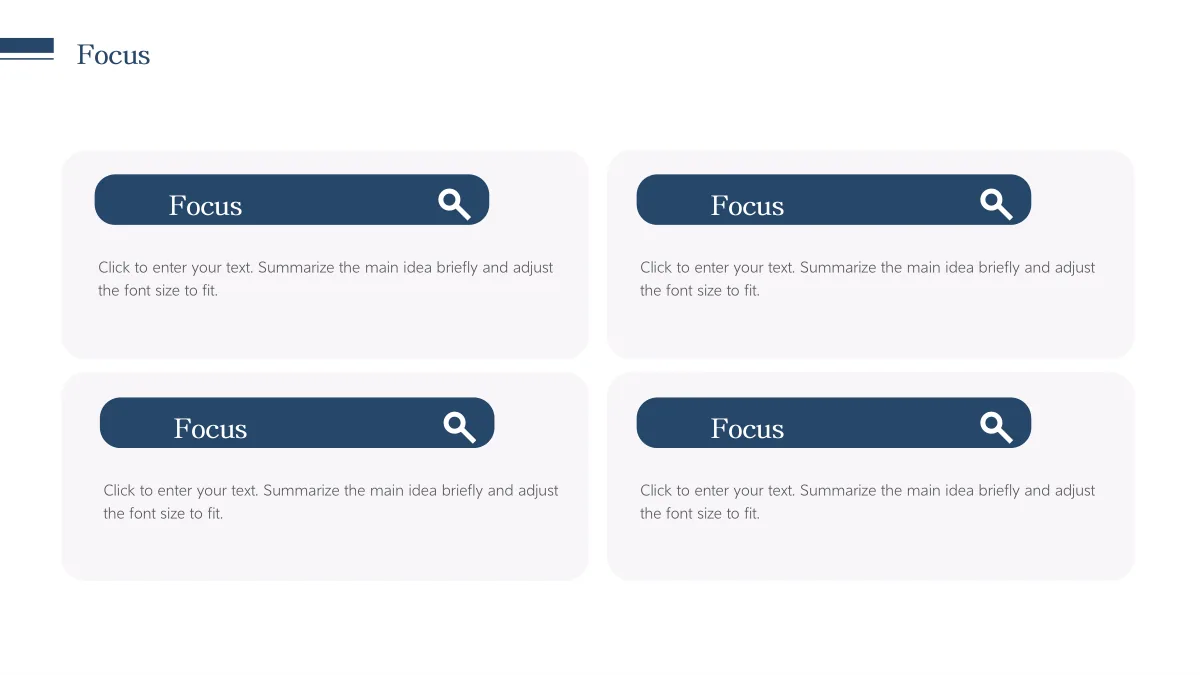 Navy Circle Teaching Presentation Template: Four pale rounded cards form two rows of two. Each has a navy title tab with a magnifier symbol and a paragraph beneath.