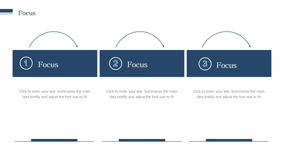 Navy Circle Teaching Presentation Template: Three navy rectangular headings carry circular number badges 1–3. Curved arrows appear above the headings, with separate note columns and short rules below.