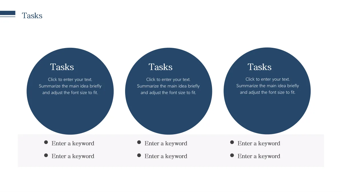 Navy Circle Teaching Presentation Template: Three large navy circles contain headings and task text in white. A pale strip underneath holds six bullet notes arranged as two under each circle.