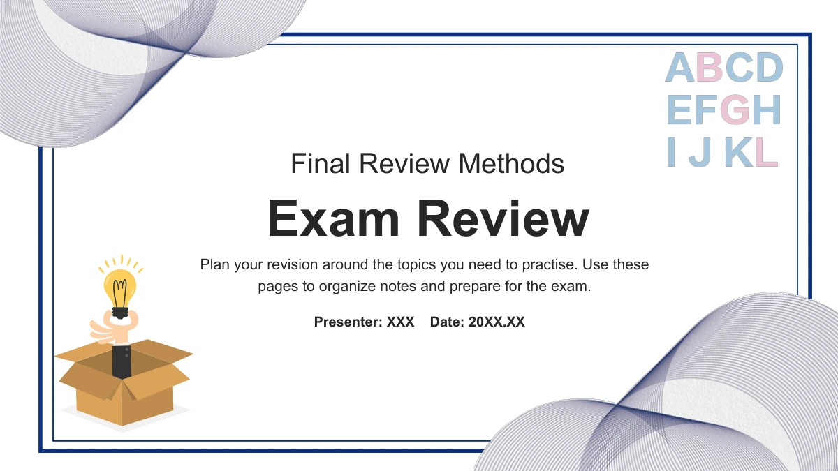 A navy double frame and fine wave corners surround an exam review title, pastel alphabet letters and a lightbulb emerging from a cardboard box.