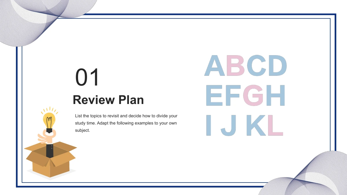 A large 01 and Review Plan heading appear left of pastel alphabet letters, above the lightbulb-in-a-box illustration.