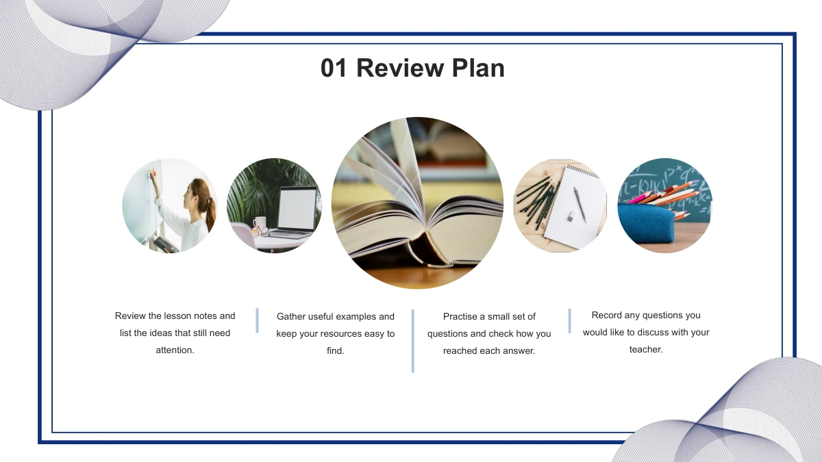 An open-book photograph forms the largest of five circular images, surrounded by classroom, laptop, notebook and pencil photos above four text columns.