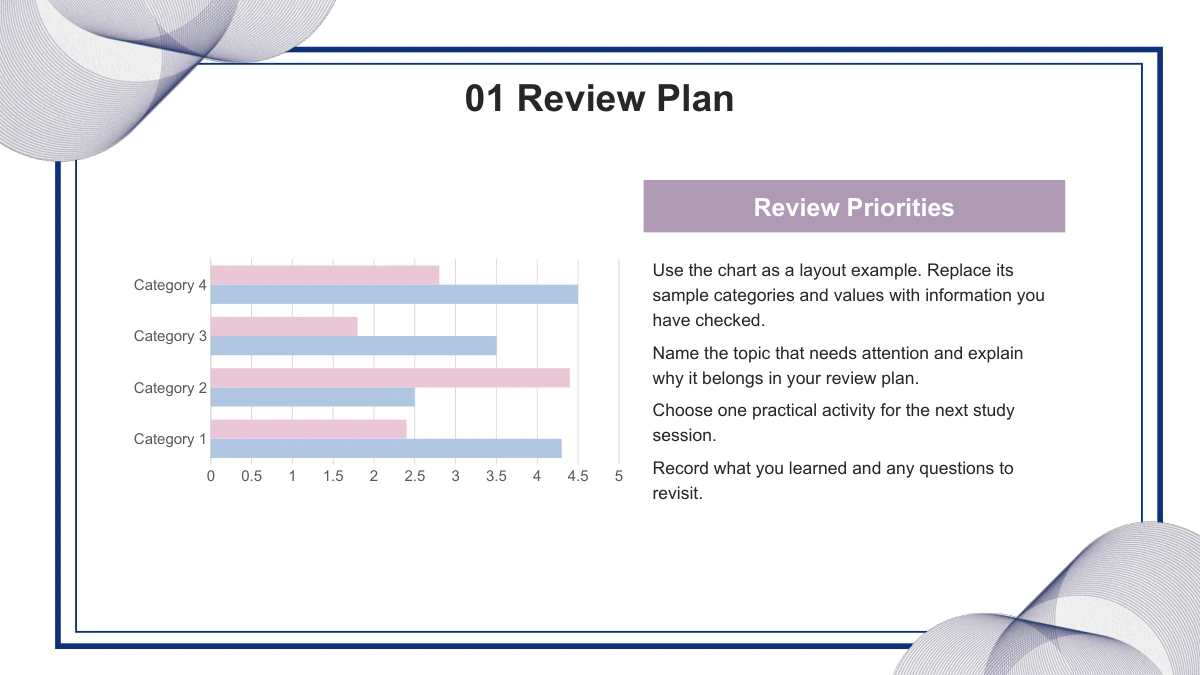 A pink and blue horizontal bar chart sits left of a purple heading strip and four short paragraphs.