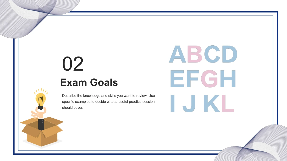 The number 02 and Exam Goals heading introduce the second section beside pastel alphabet letters and the lightbulb illustration.